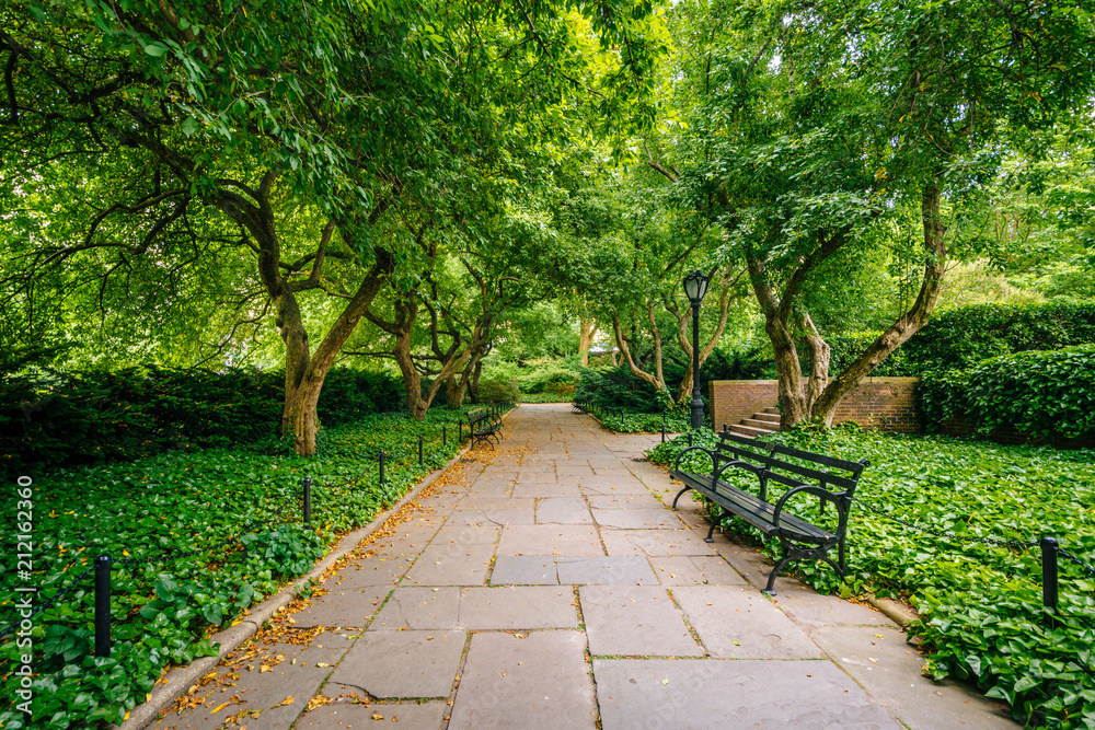 Tree-lined walkway at the Conservatory Garden, in Central Park, Manhattan, New York City. Tree-lined walkway at the Conservatory Garden, in Central Park, Manhattan, New York City.