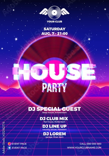 80s party poster with blue background and vinyl lp for house retro rave