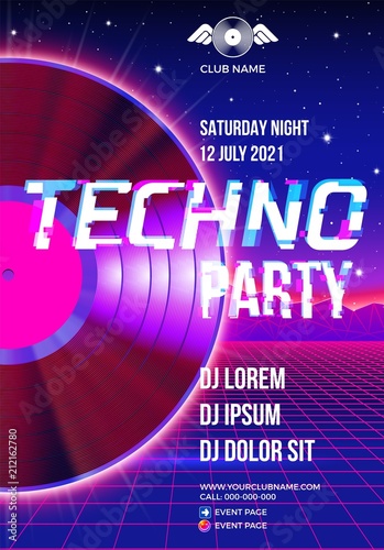 80s party poster with blue background and vinyl lp for techno retro rave