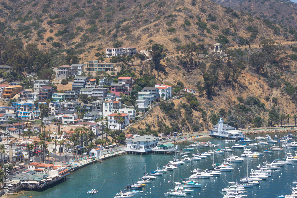 Overhead bay view of Avalon harbor with casino, yacht club, sailboats and yachts on Santa Catalina island vacation in California