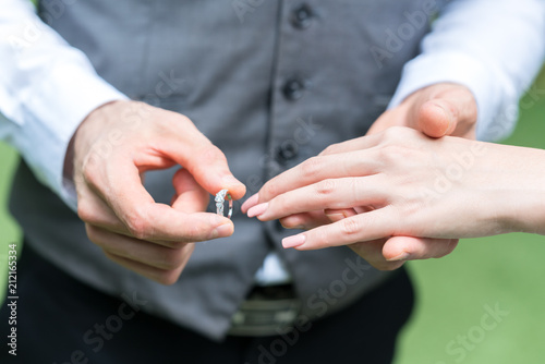 Groom wears the bride's ring.