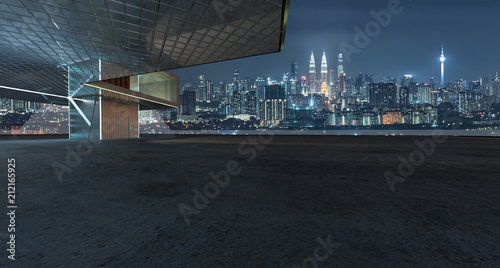 Perspective view of empty cement floor with steel and glass modern building exterior . 3D rendering and real images mixed media . © jamesteohart