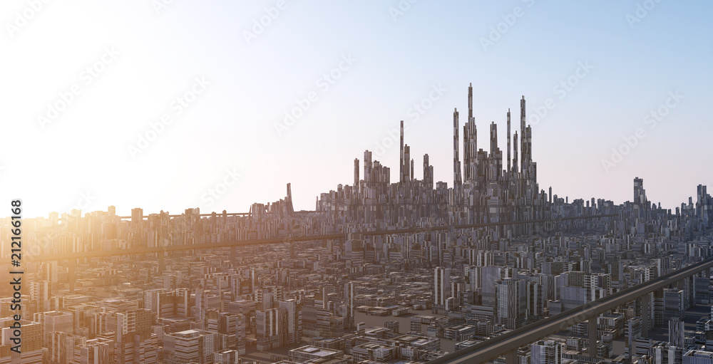 Futuristic sci-fi city and commercial office building . 3d illustration rendering .