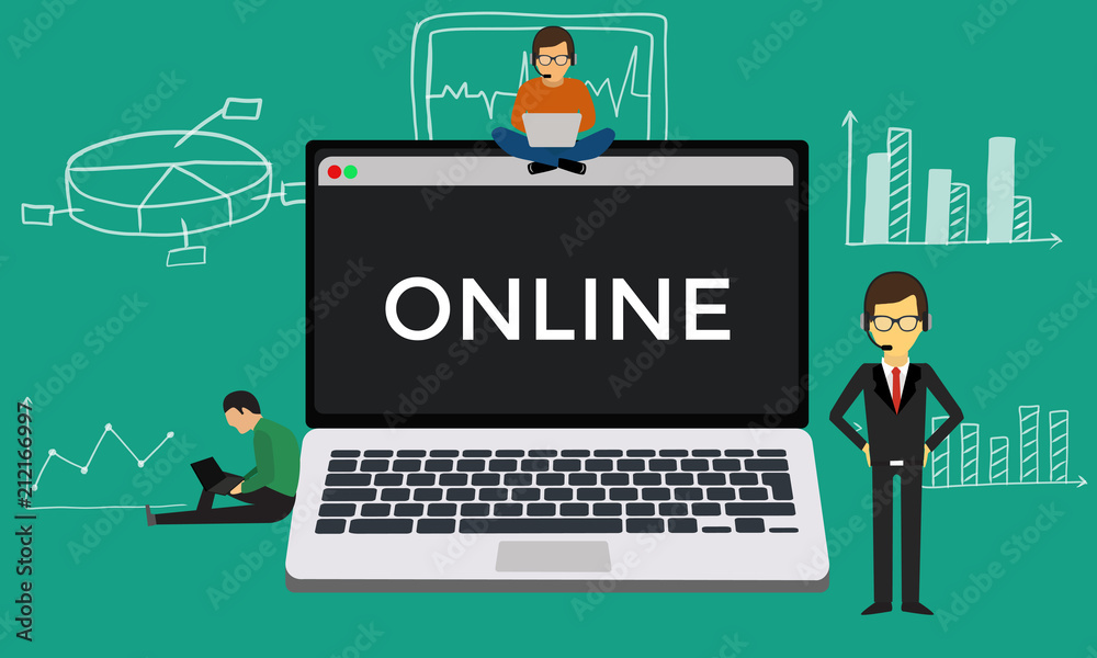 Naklejka premium Online concept business man work flat design.