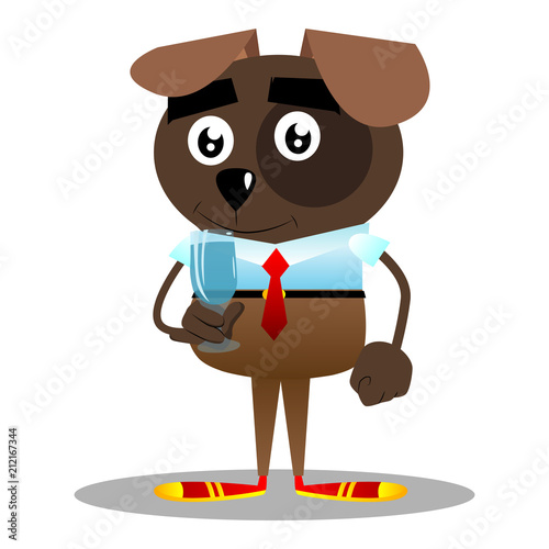 Cartoon illustrated business dog with a glass of water.