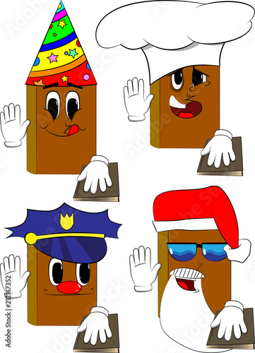 Books raising his hand and put the other on a holy book. Cartoon book collection with costume faces. Expressions vector set.