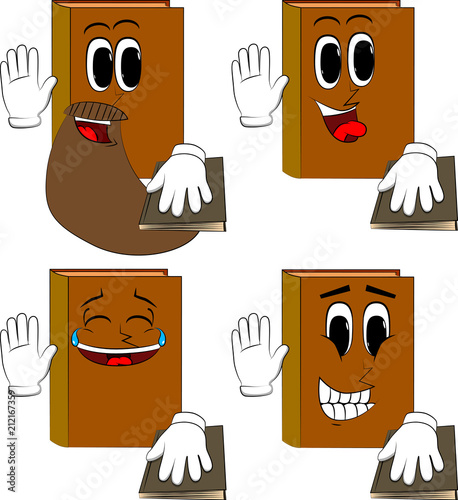 Books raising his hand and put the other on a holy book. Cartoon book collection with happy faces. Expressions vector set.