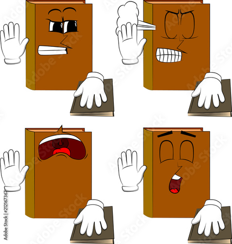 Books raising his hand and put the other on a holy book. Cartoon book collection with angry and sad faces. Expressions vector set.
