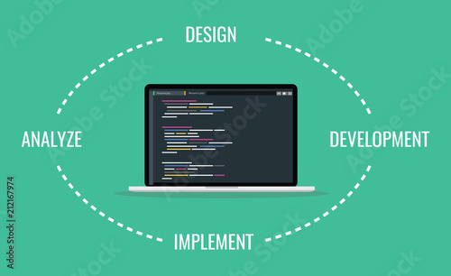 sdlc software development life cycle process with laptop and code script program