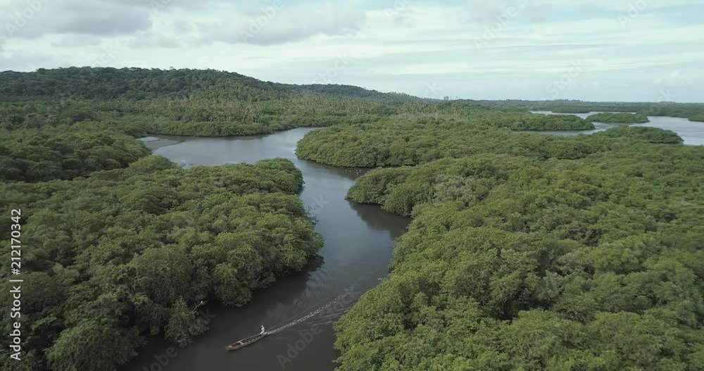 Aerial drone shot about fisherman, canoe and river. State of Pernambuco, Northeast Region of Brazil. Nature, mangrove and atlantic forest. Aerial drone shot about fisherman, canoe and river. State of Pernambuco, Northeast Region of Brazil. Nature, mangrove and atlantic forest.