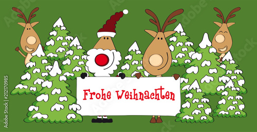 Weihnachtskarte Elche und Weihnachtsmann mit Schild im Wald mit Schnee, DIN lang, cartoon-IT