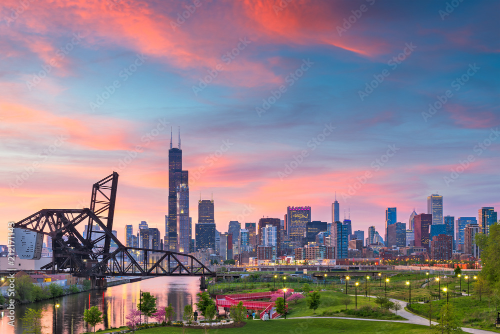 Naklejka premium Chicago, Illinois, USA Park i Skyline
