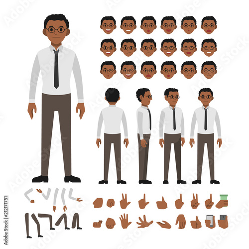 african executive employee character set. Full length. Different view, emotion, gesture.

