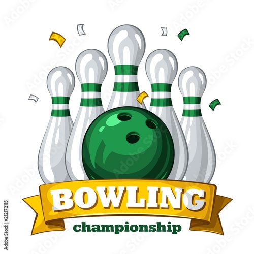 Colorful poster for bowling tournament. Vector template poster with composition of bowling skittles, green bowling ball and inscription on yellow ribbon 1.1