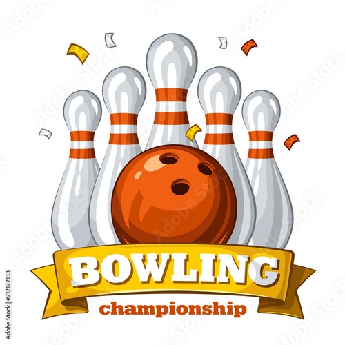 Colorful poster for bowling tournament. Vector template poster with composition of bowling skittles, orange bowling ball and inscription on yellow ribbon 1.1