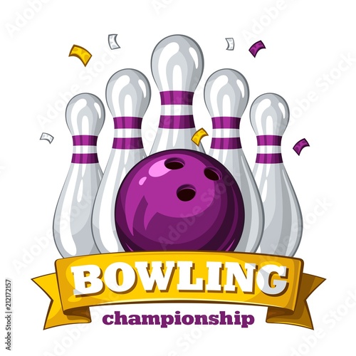 Colorful poster for bowling tournament. Vector template poster with composition of bowling skittles, purple bowling ball and inscription on yellow ribbon 1.1