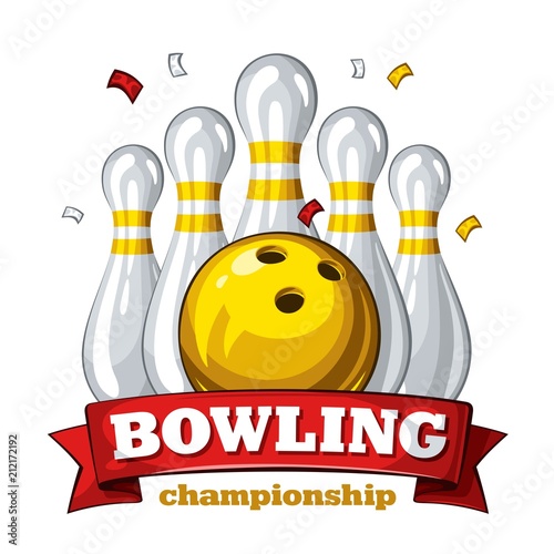 Colorful poster for bowling tournament. Vector template poster with composition of bowling skittles, yellow bowling ball and inscription on red ribbon 1.1