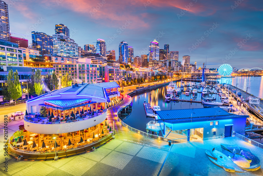 Seattle, Washington, USA Pier and Skyline - obrazy, fototapety, plakaty 