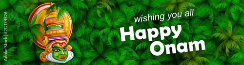 Kathakali dancer on background for Happy Onam festival of South India Kerala