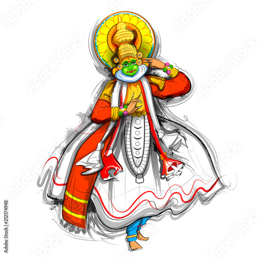 Kathakali dancer on background for Happy Onam festival of South India Kerala