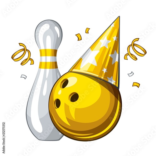 Vector illustration of bowling skittle and yellow bowling ball in golden party hat, isolated on white background. Party shiny hat with stars. Happy birthday 1.1