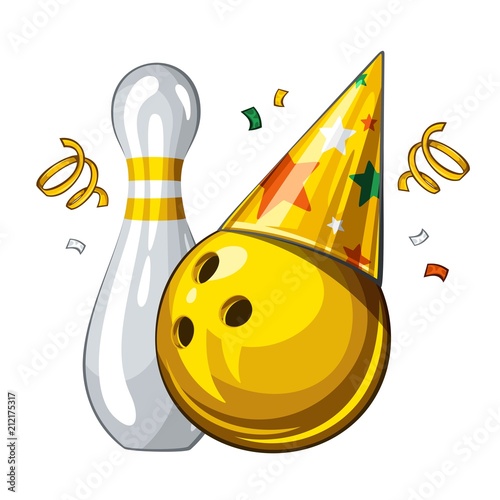 Vector illustration of bowling skittle and yellow bowling ball in party hat, isolated on white background. Party shiny hat with colored stars. Happy birthday 1.1