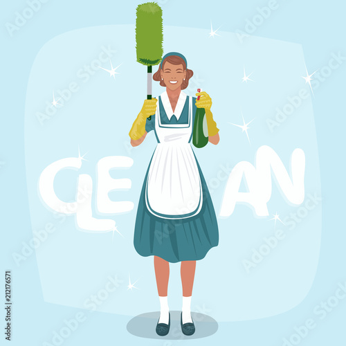 Full body view of cleaning woman holding sprayer and dust brush or pom pom duster. Clean lettering. Expressive cartoon style