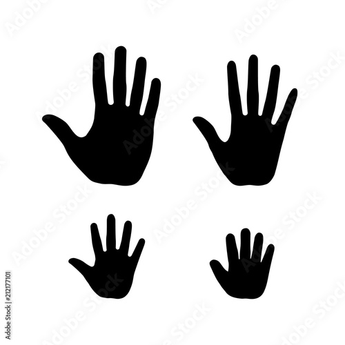 Set of human open palm hands. Man, woman, teenager and a baby handbreadth icons.