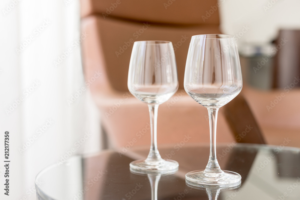 Two empty glasses on the table. Hotel Two empty glasses on the table. Hotel