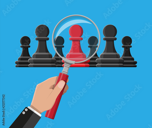 Red unique chess pawn standing among gray ones.
