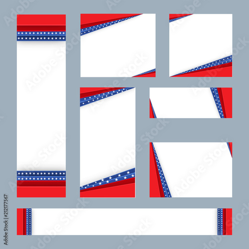 Blank social media banner or post set with glossy American flag colors for American Independence Day celebration concept.