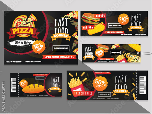 Discount coupon or voucher set for restaurant.
