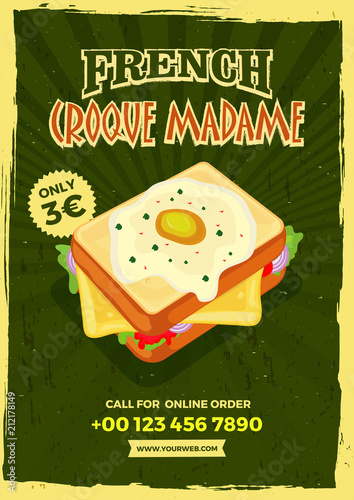 Vintage style French Croque Madame menu template or flyer design.