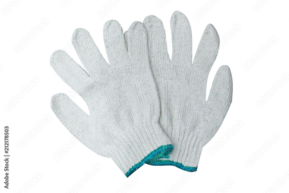 White woven gloves with blue edge isolated on white background 