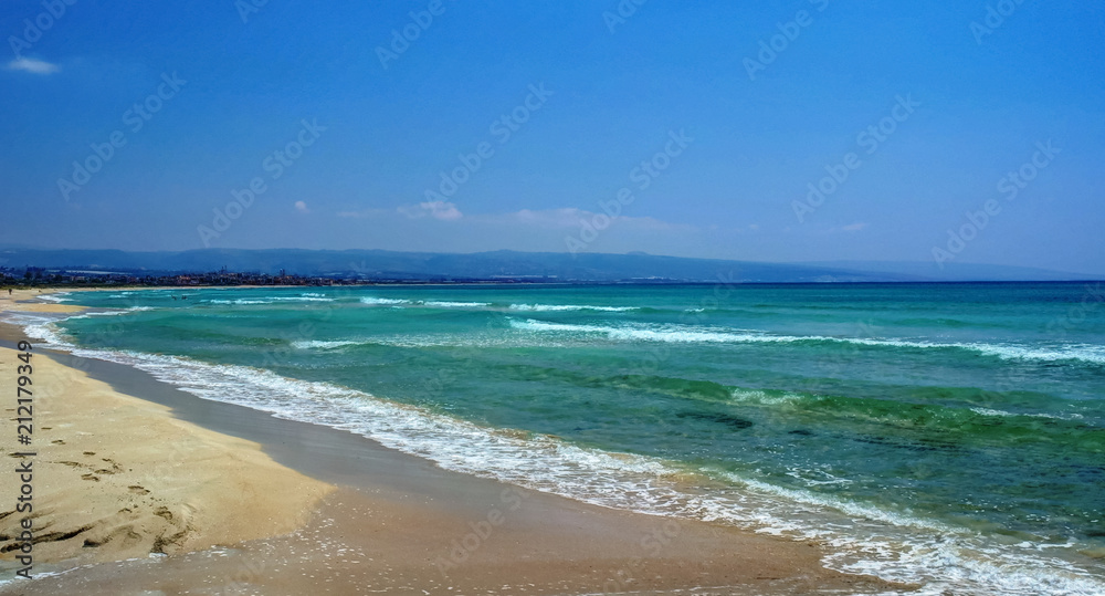 Fototapeta premium Landscape with sand Al Khiyam beach in Tyre, Lebanon