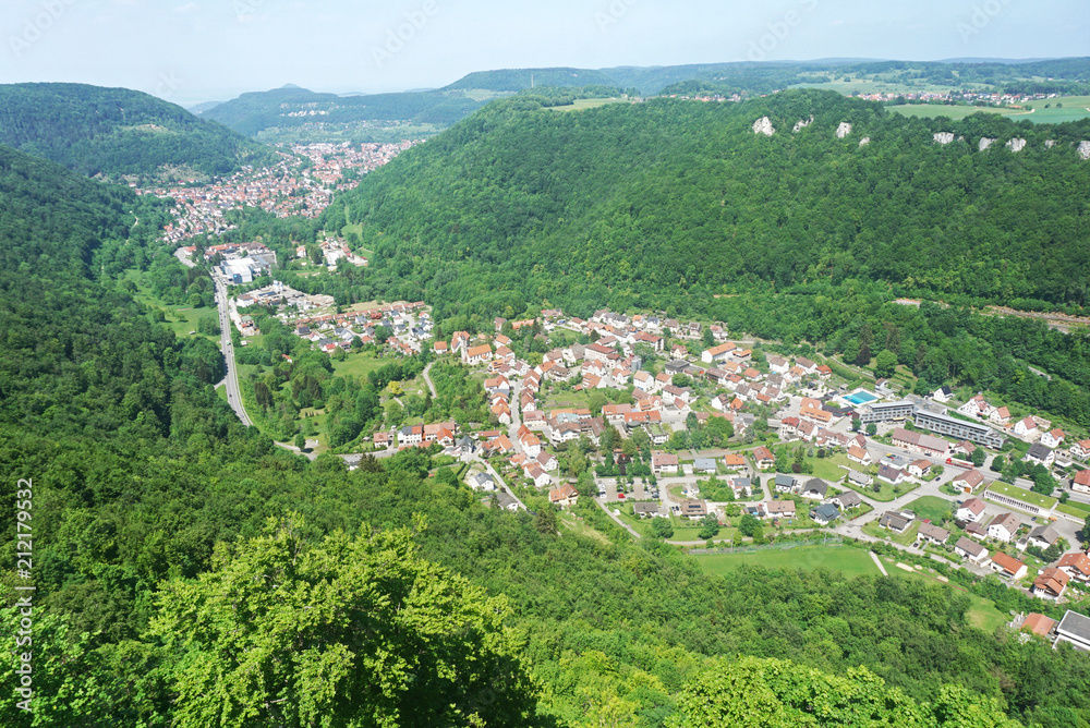 Obraz premium Top view of the german village Honau and mountains. View from the castle Liechtenstein. Baden-Wuerttemberg, Germany.