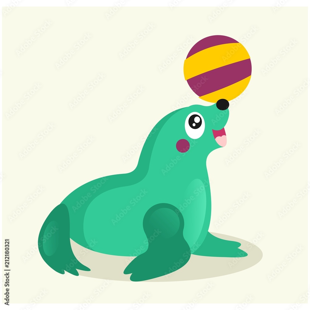 cute adorable circus seal green sea lion playing ball mascot character  cartoon Stock Vector | Adobe Stock
