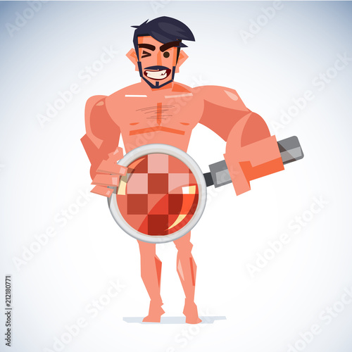 Naked man handling magnifier at his penis with censored skin. healthcare for sex or check your penis concept - vector