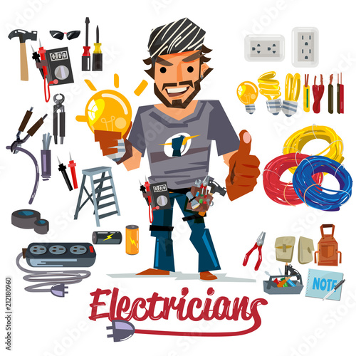 electricians character design with electronic tools and equipment. logotype for header design - vector