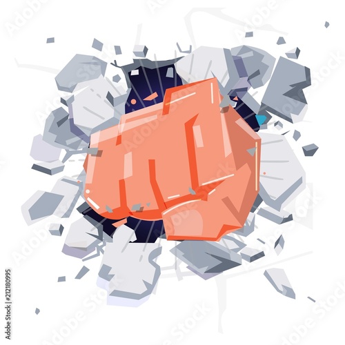A Wall Is Broken Through By A Fist hand. punch hitting  and damage wall. power or freedom concept - vector