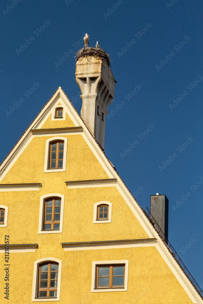 Storks at the rooftop of a house nesting on a chimney pipe in Memmingen, Bavaria, Germany