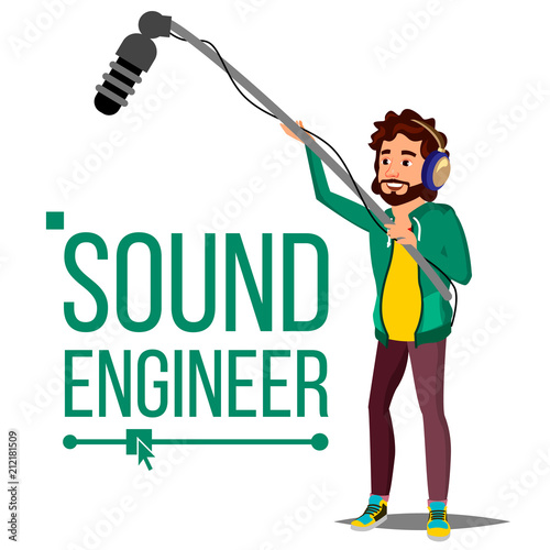 Sound Engineer Man Vector. Audio Recording Process. Journalist. Microphone. Isolated Cartoon Illustration