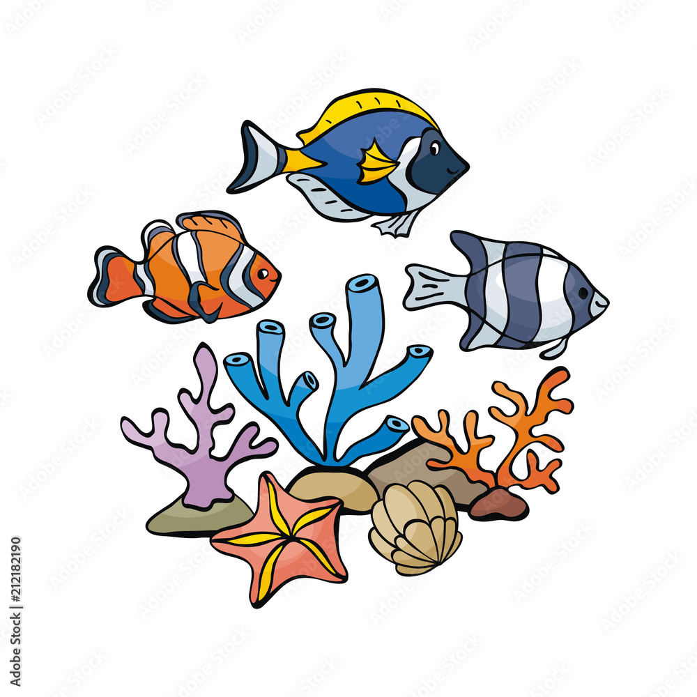 Fototapeta premium Image of lovely sea inhabitants in doodle style. Vector illustration isolated on a white background.