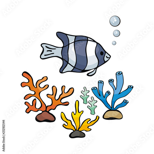 Image of lovely sea inhabitants in doodle style. Vector illustration isolated on a white background.