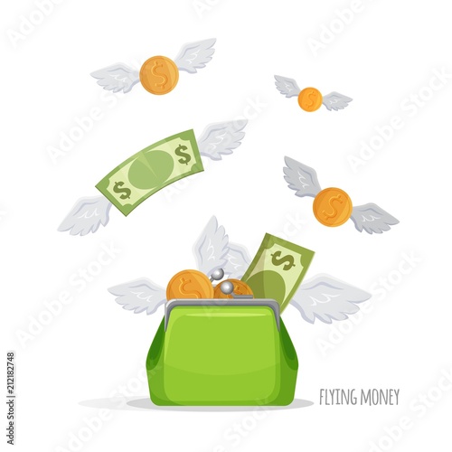 Purse with flying dollar bills and coins illustration poster