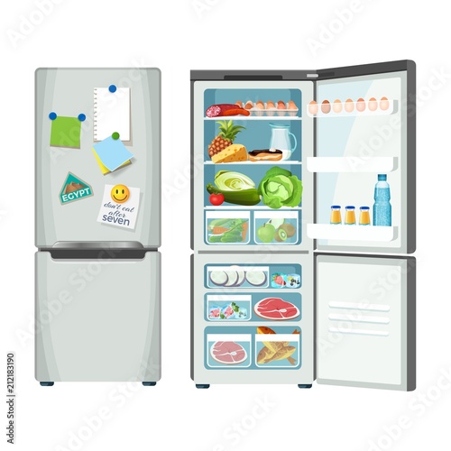 Modern fridge with different food set colorful poster