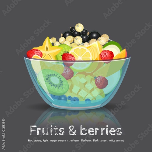 Full fruit salad glass bowl on black backdrop