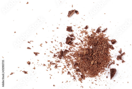 Chopped, milled chocolate shavings isolated on white, top view