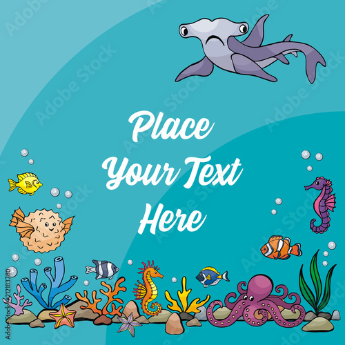 Image of lovely sea inhabitants in doodle style. Vector background.