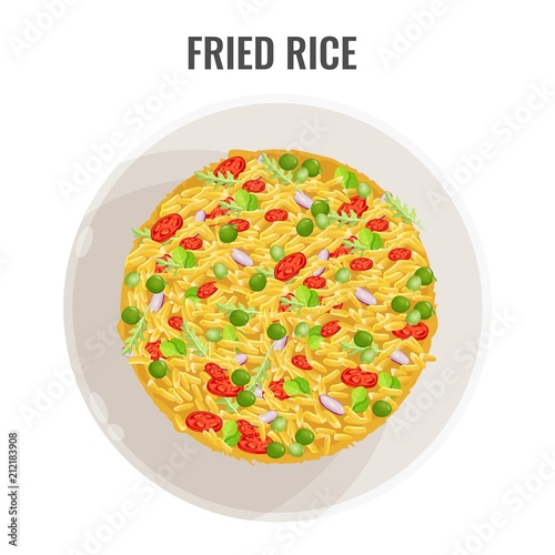 Fried rice in white bowl plane-view vector illustration